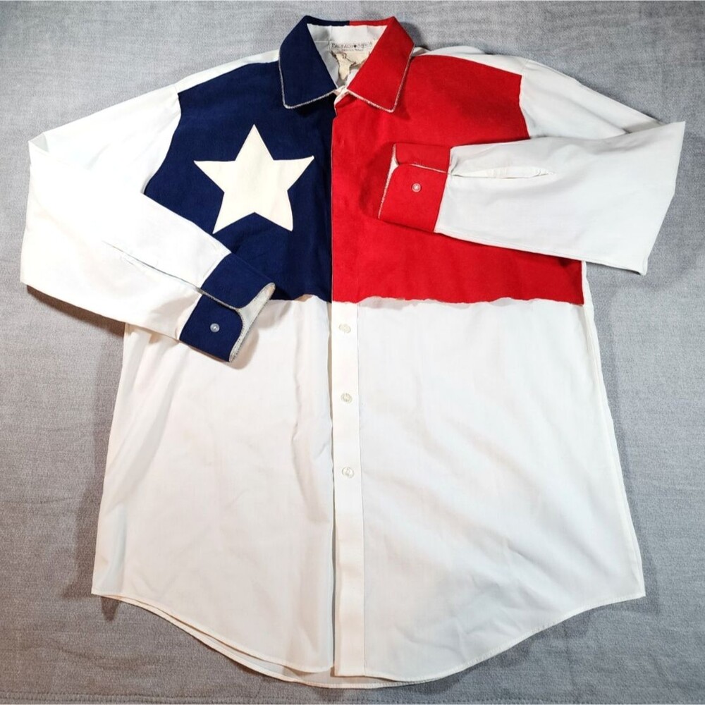 Barbara Shara Texas Flag Shirt Size Large Handmade Fringes Collared Long Sleeves